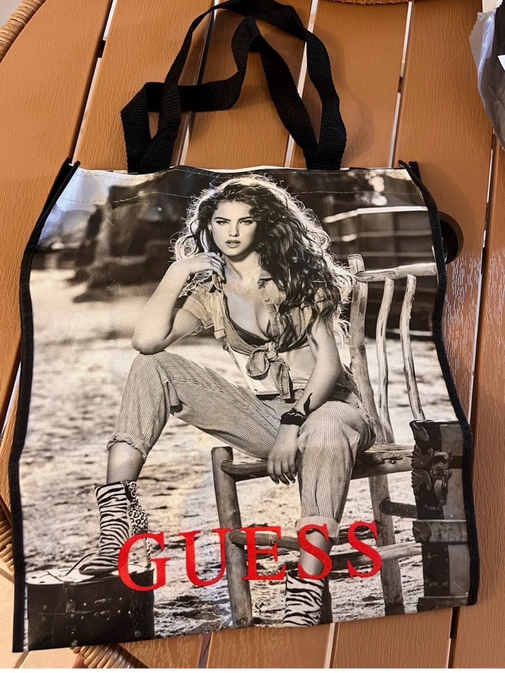 GUESS Black & White Graphic Tote with Red Logo